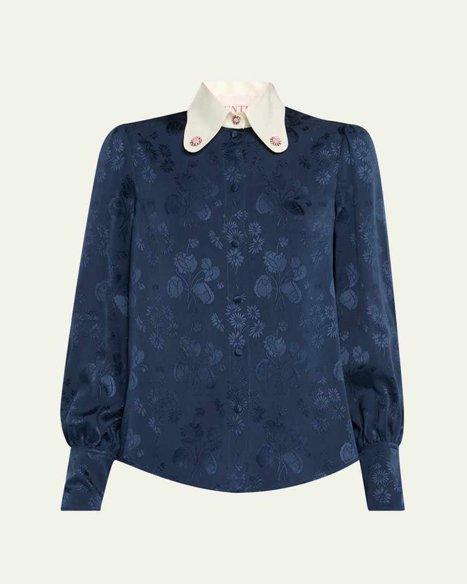 Floral Silk Jacquard Round-Collar Button-Down Blouse